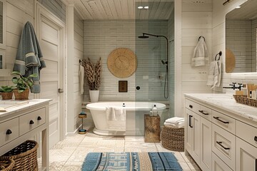 Canvas Print - Coastal-themed bathroom design with nautical accents and ocean-inspired decor.