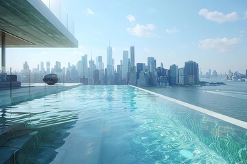 Contemporary urban rooftop pool with infinity edge and city skyline views.