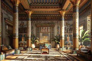 Sticker - Ancient Egyptian Palace Parlor with hieroglyphics, luxurious furnishings, and an ancient Egyptian palace-inspired, regal ambiance. Ancient Egyptian palace home decor. Template.