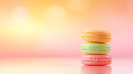 Wall Mural - Colorful macarons stacked in pastel hues against a soft pink and yellow gradient background, evoking a sweet and dreamy atmosphere.