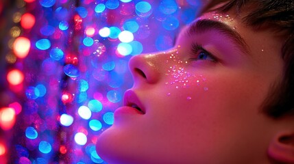 Canvas Print - Glittering Profile with Neon Lights Background