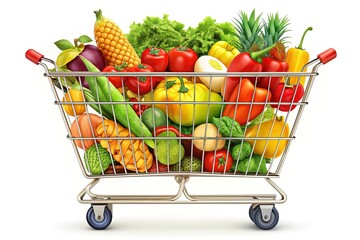 A colorful and stylized illustration of a grocery cart icon filled with fresh fruits and vegetables, symbolizing healthy food shopping and meal planning.