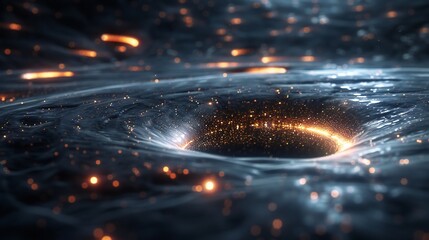 A mesmerizing 3D render of a black hole warping space with a glowing event horizon and starfield background