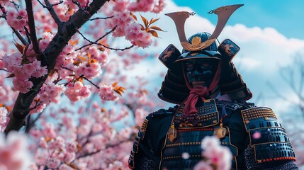 Samurai Armor and Pink Cherry Blossoms in Bloom