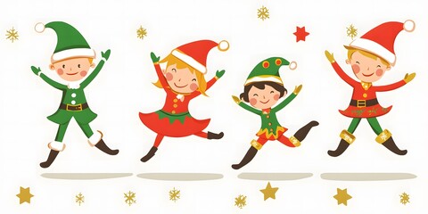 Festive cartoon elves jumping and celebrating Christmas