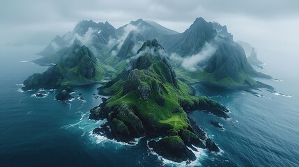 Poster - Misty Mountain Range on a Coastal Island