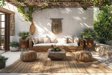 Wall Mural - Boho glam outdoor patio with rattan furniture and metallic accents