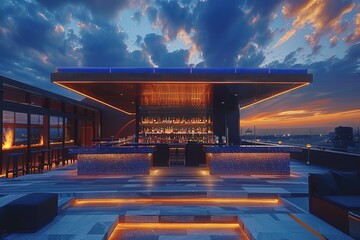 Sticker - Contemporary urban rooftop bar with skyline views and modern furnishings.