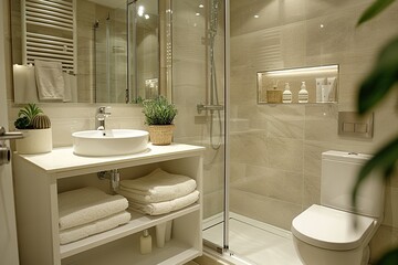 Canvas Print - Apartment bathroom loft interior. shower stall. washroom appliance. Mirrored white sink Toilet. a solid wall.