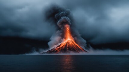 A volcano fiercely erupting at night, spewing thick black smoke and blazing hot lava, all set against a dark, cloudy sky, presenting an awe-inspiring natural display.