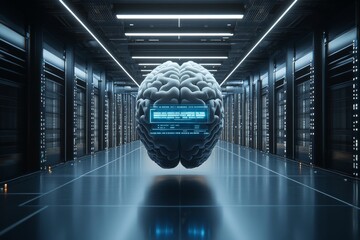 Sticker - A glowing digital brain floating in a high tech data center representing artificial intelligence machine learning and the future of data processing in a modern secure environment