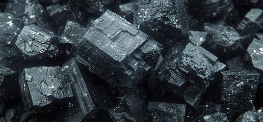 Closeup of shiny, gray, cubic crystals. Abstract texture and background.