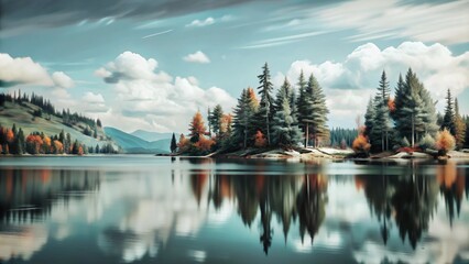 Sticker - Autumn Reflections: Tranquil lake mirrors vibrant fall foliage under a mesmerizing sky. 