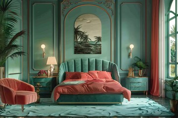 Wall Mural - Bedroom interior.Art deco style.Design with green pink and gold color.