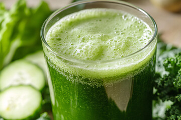 Wall Mural - A glass of green juice with cucumber slices on a table