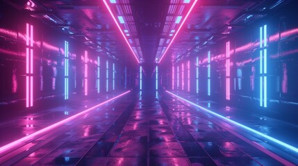 Wall Mural - Sci Fi Futuristic Smoke Fog Neon Laser Garage Room,blue pink violet neon abstract background,ultraviolet light,night club Cyber Undergound Warehouse Concrete Reflective Studio,3D Render illustration
