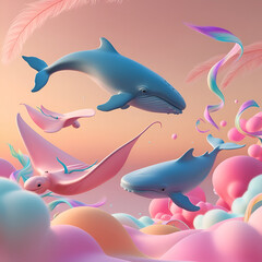 A vibrant painting depicting whales and dolphins soaring gracefully through a bright, colorful sky.