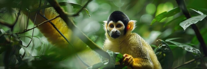 Wall Mural - Black-capped squirrel monkey exploring an outdoor habitat at a wildlife rehabilitation sanctuary.