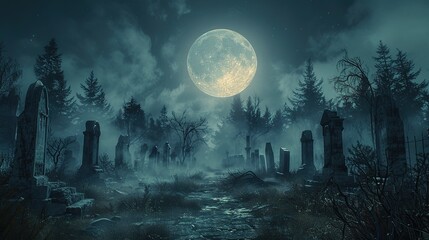 Canvas Print - Eerie Graveyard Under a Full Moon