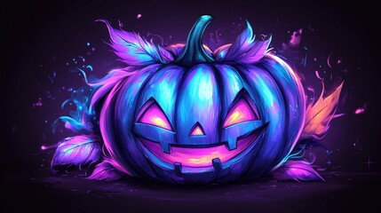 Canvas Print - Neon Glowing Pumpkin with Leaves