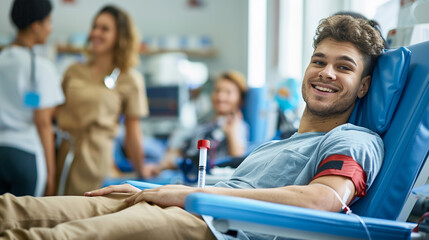 a bright, clean blood donation center where a young male donor is lying on a reclining chair with a 