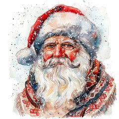 Poster - A painting of Santa Claus with a red hat and a red scarf. He is smiling and has a white ball on his hat