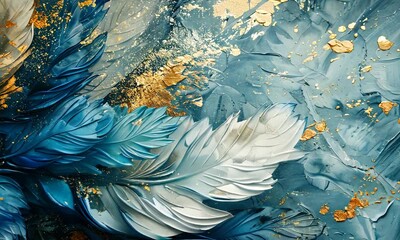 Sticker - An abstract artistic background. An illustration of feathers, blues and gold brushstrokes.