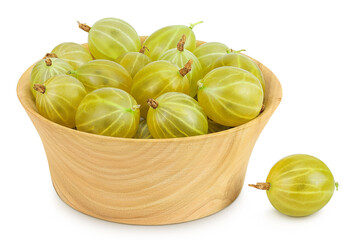 Canvas Print - Green gooseberry in wooden bowl isolated on white background with full depth of field