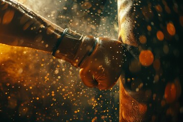 Boxer Delivering a Powerful Punch to Heavy Bag with Sweat Flying.