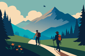 Hiking adventure scene in flat style. Hiker traveling on the wild landscape, with mountains