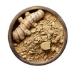 © Num - Fresh ginger root and ground ginger powder in wooden bowl.