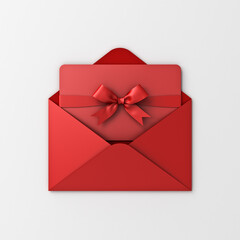 Aufkleber - Red gift card with red ribbon bow or gift voucher business card in open red envelope isolated on white grey background with shadow minimal concept 3D rendering