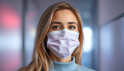 Vertical image. Pandemic cure. Disease prevention. Quarantine lifestyle. Covid therapy. Portrait of happy blonde woman in protective face mask in rainbow light glow isolated with white highlights, p