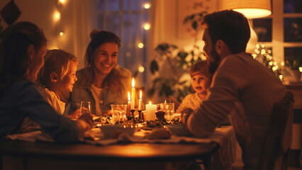 A warm, inviting dining room with a family of four, two parents and two young children, sitting around a dinner table. 