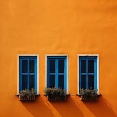 three windows with blue shutters on a bright orange wall