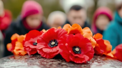 Poster - A group of people standing around a grave with red flowers, AI