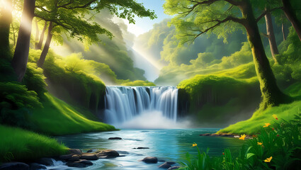 Wall Mural - Serene Waterfall View Generative AI