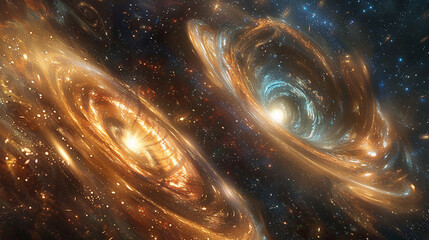 Wall Mural - A dramatic depiction of two galaxies colliding in deep space, with streams of stars and gas being pulled together by gravitational forces. 
