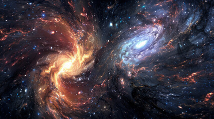a dramatic depiction of two galaxies colliding in deep space, with streams of stars and gas being pu