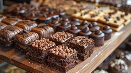 Chocolate pastries, cakes, and cookies in a bakery. Sweet, delectable dark cocoa treats, including tasty brown or black snacks and irresistible candy delights.