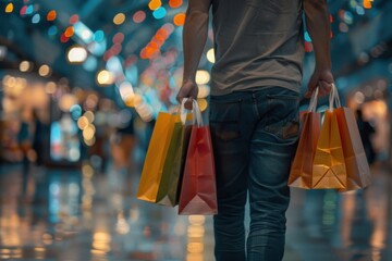 Canvas Print - A man holding shopping bags in his hands, walking through the mall The background is blurred with lights and decorations of different colors Generative AI