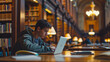 © Swaroop - A college student studying in a quiet library, surrounded by books, notes, and a laptop. The scene captures focus and concentration, with the library’s tall bookshelves.