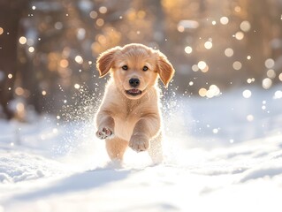 Adorable Golden Retriever puppy running happily through a picturesque winter landscape filled with pure joy and excitement in the snowy scene