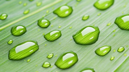 Poster - A close up of a green leaf with water droplets on it, AI