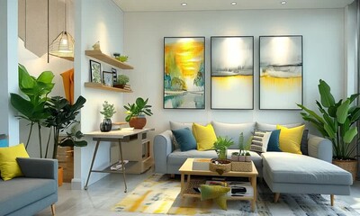 Poster - The stylish boho interior of living room at nice apartment with gray sofa wooden desk bamboo shelf coffee table honey yellow pillows plants and elegant accessories