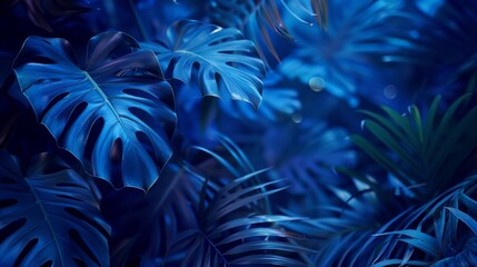 Collection of tropical leaves,foliage plant in blue color with space background