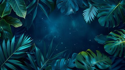 Collection of tropical leaves,foliage plant in blue color with space background