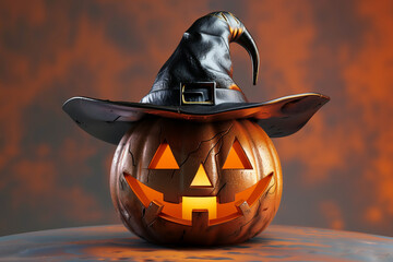 Halloween Pumpkin with Witch Hat on Solid Background