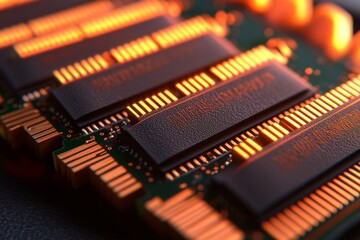 Canvas Print - High definition close up of memory chips on a circuit board showcasing the precision and complexity of modern electronic components