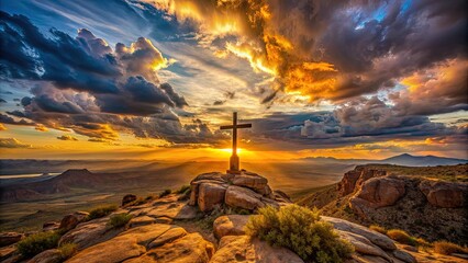 A serene Christian cross stands atop a rugged rock formation at sunset, surrounded by vast desert landscape and dramatic clouds, symbolizing faith and resilience.